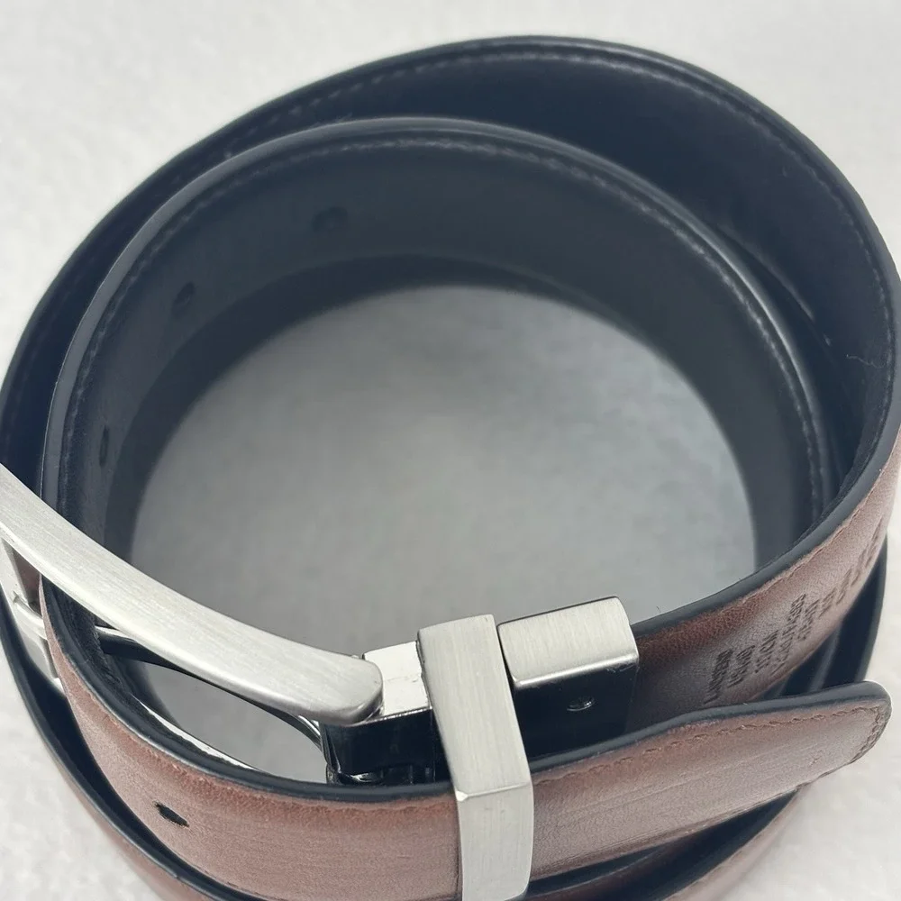 Land's End Brown/Black Leather Reversible Belt Silver Buckle Classic Men's Sz 46